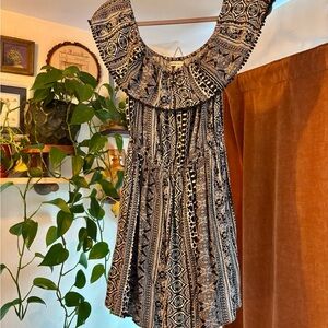 American Eagle Outfitters Black and White Patterned off shoulder Mini Dress